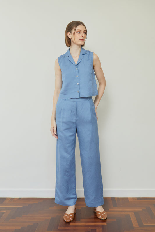 Linen Full Length Pants - French Blue