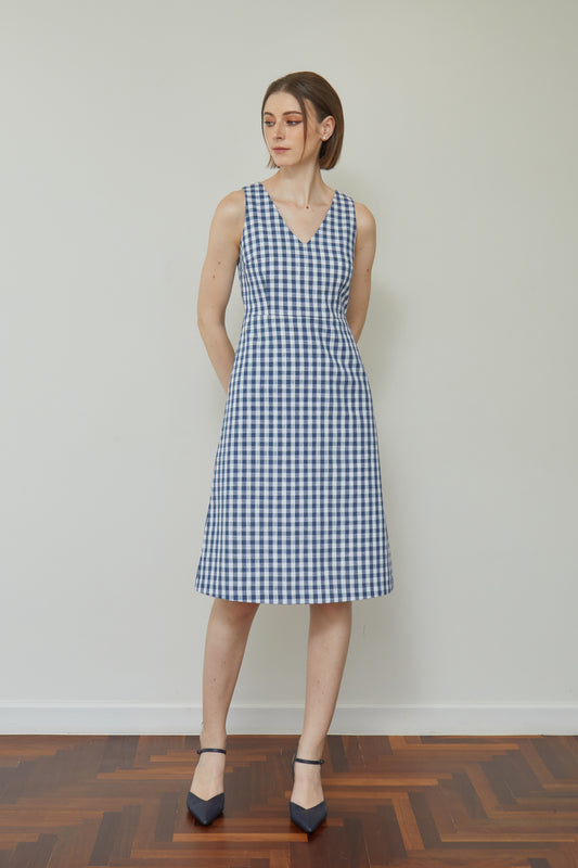 Linen Gingham V-Neck Sundress - Navy