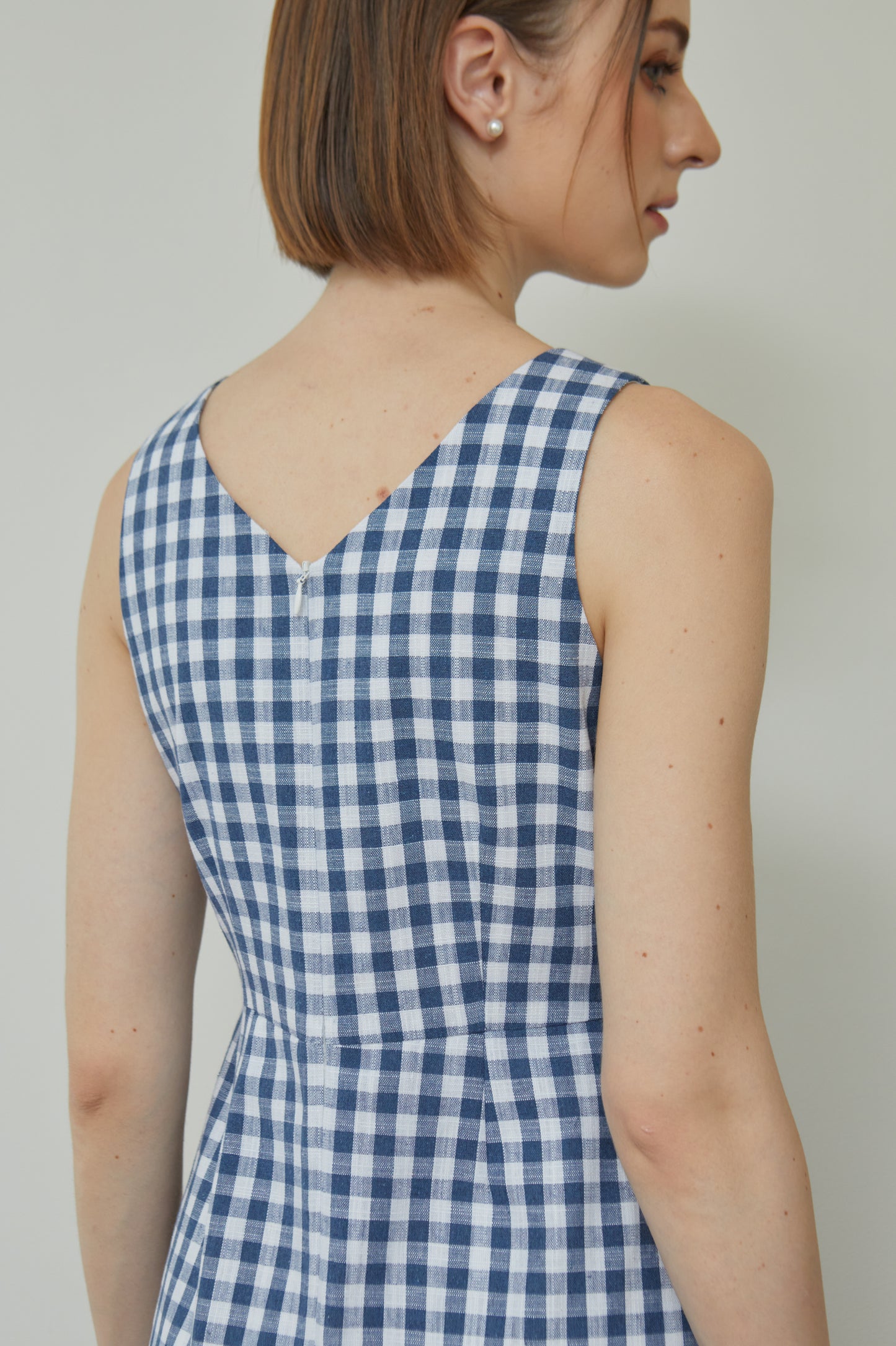 Linen Gingham V-Neck Sundress - Navy