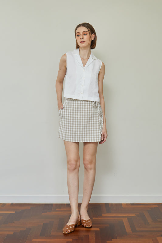 Linen Gingham Wrap Skorts - Cream