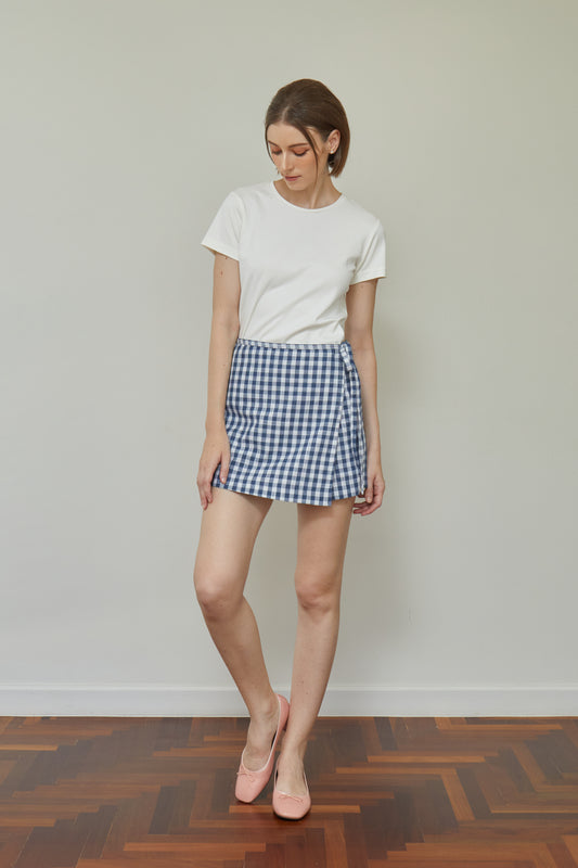 Linen Gingham Wrap Skorts - Navy