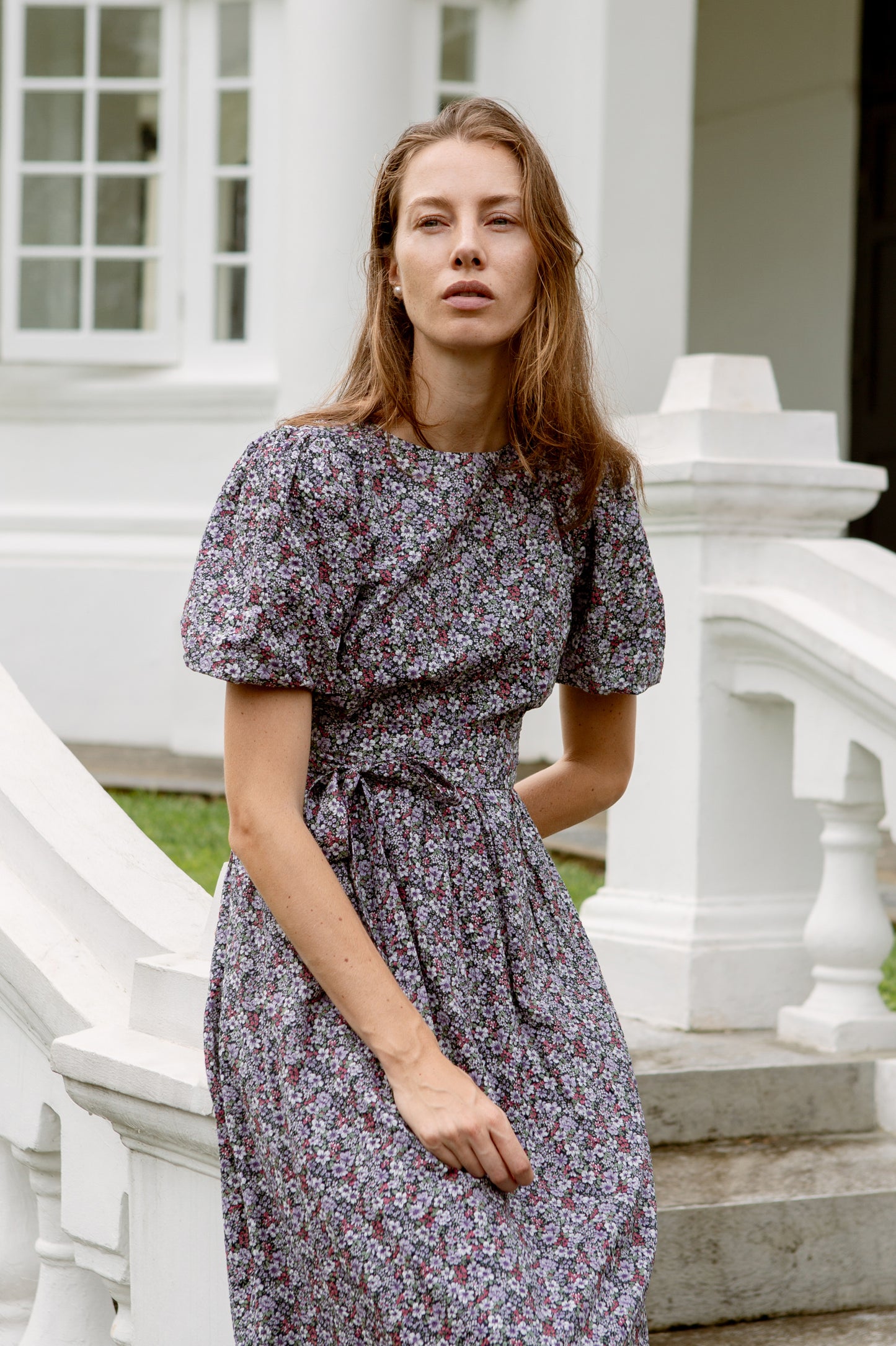 Puff Sleeved Wrap Tea Dress - Twilight Garden