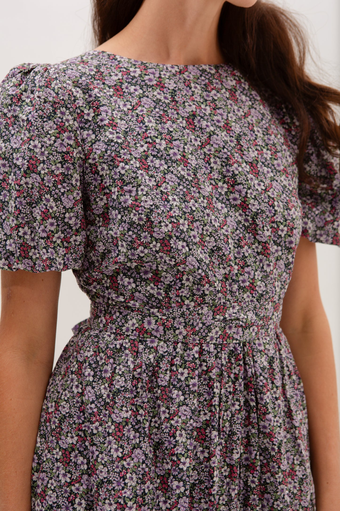 Puff Sleeved Wrap Tea Dress - Twilight Garden