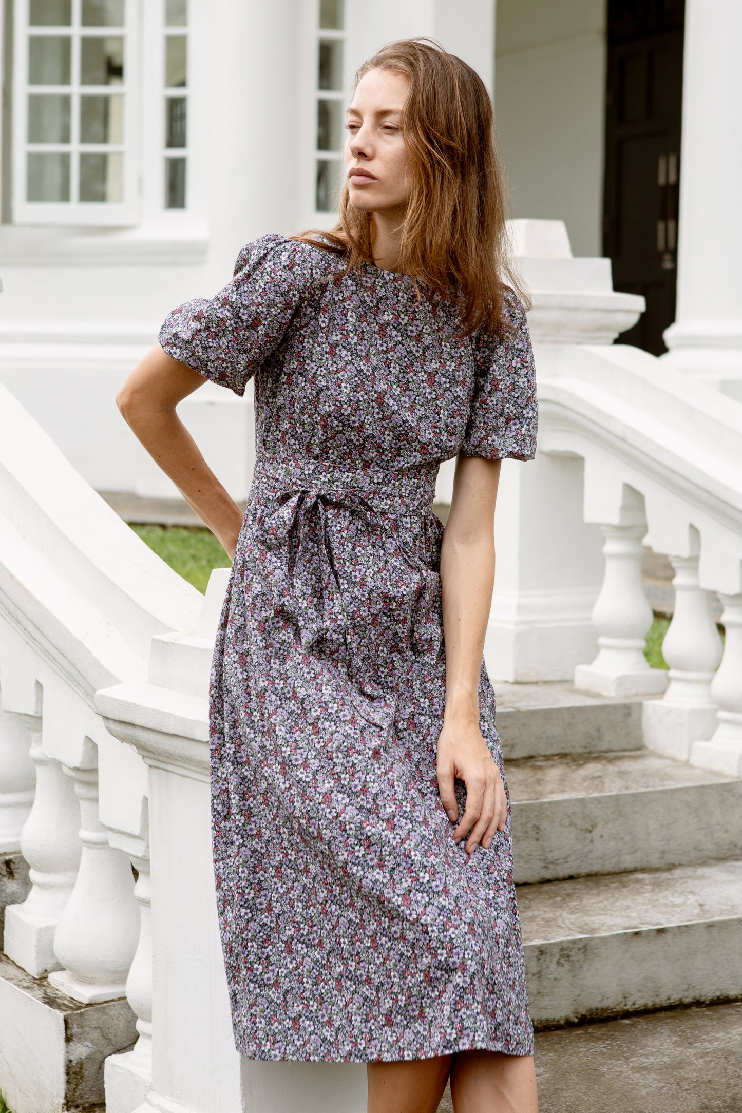 Puff Sleeved Wrap Tea Dress - Twilight Garden