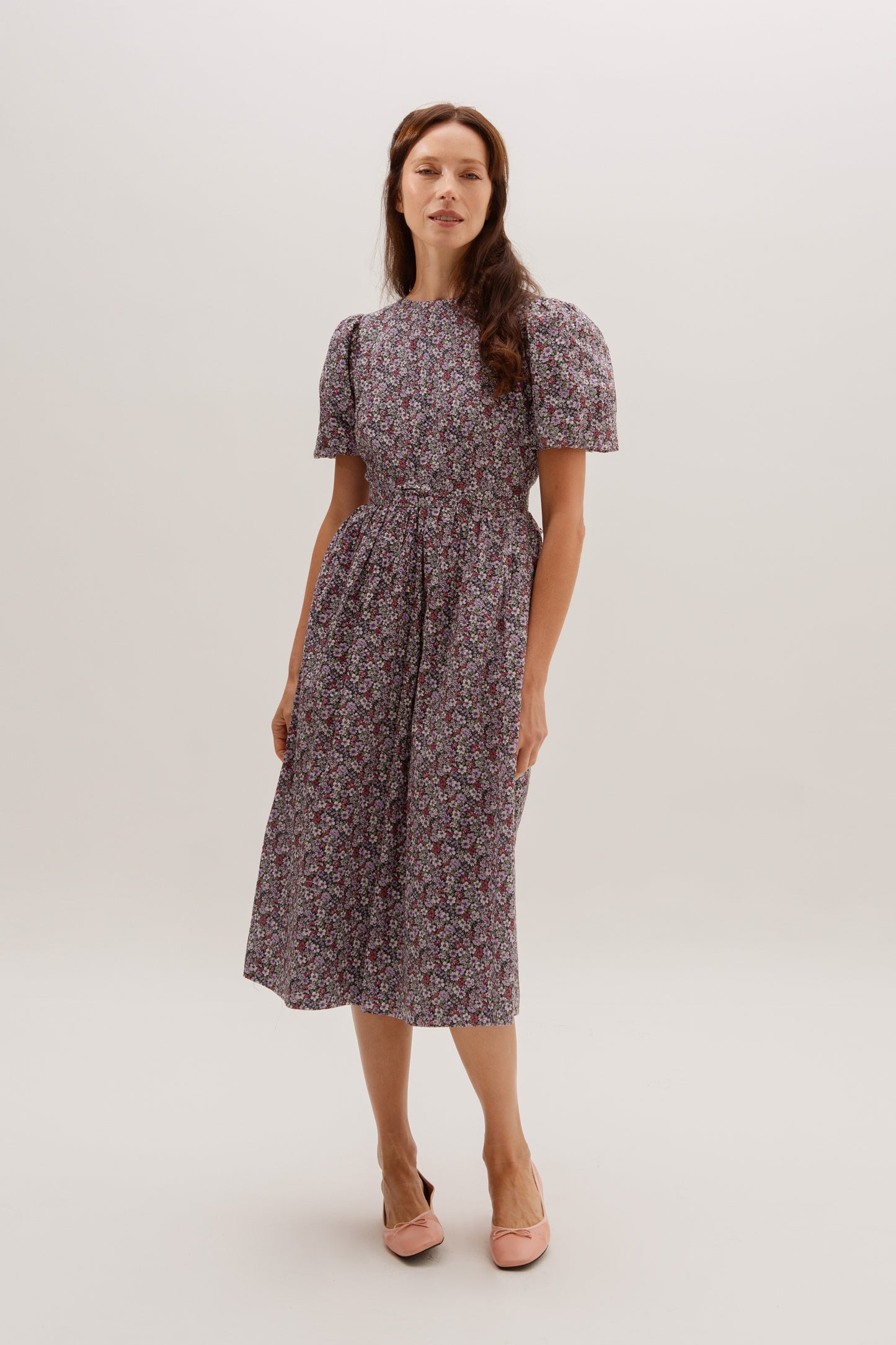 Puff Sleeved Wrap Tea Dress - Twilight Garden