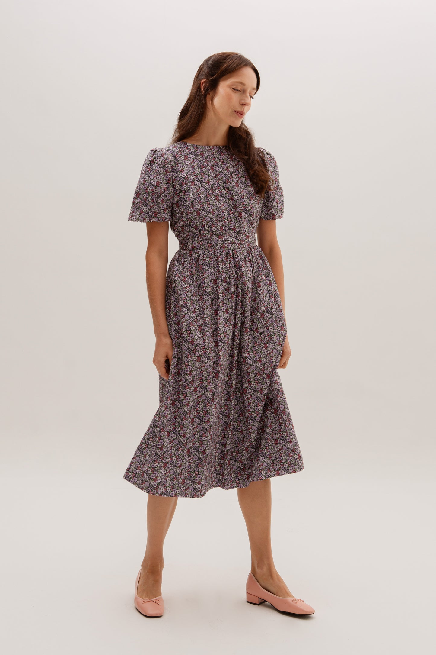 Puff Sleeved Wrap Tea Dress - Twilight Garden