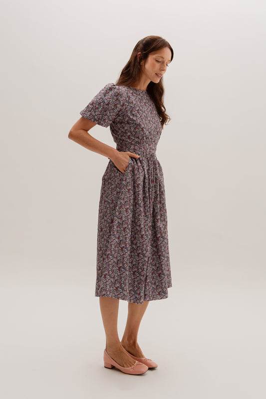 Puff Sleeved Wrap Tea Dress - Twilight Garden