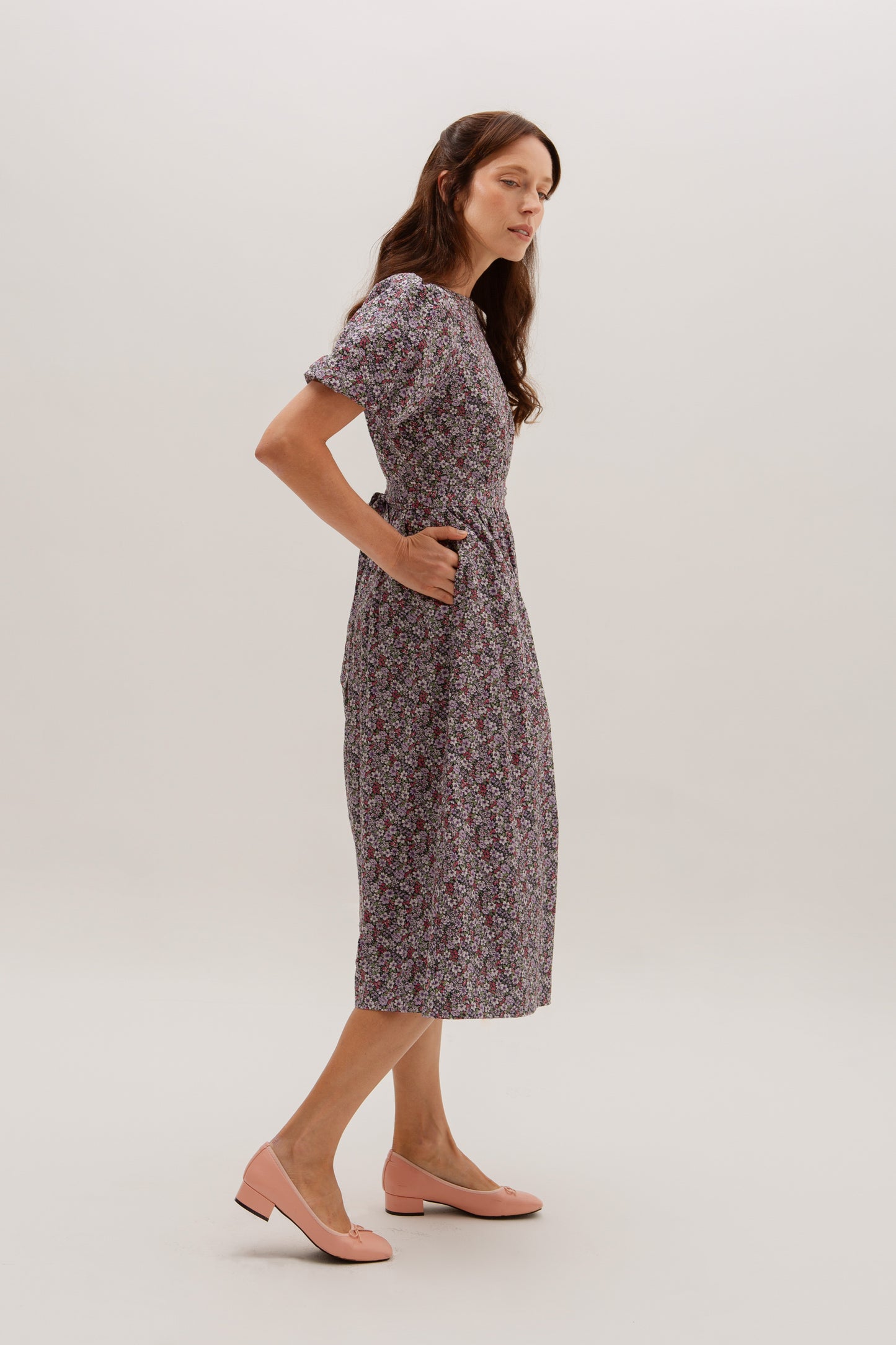 Puff Sleeved Wrap Tea Dress - Twilight Garden