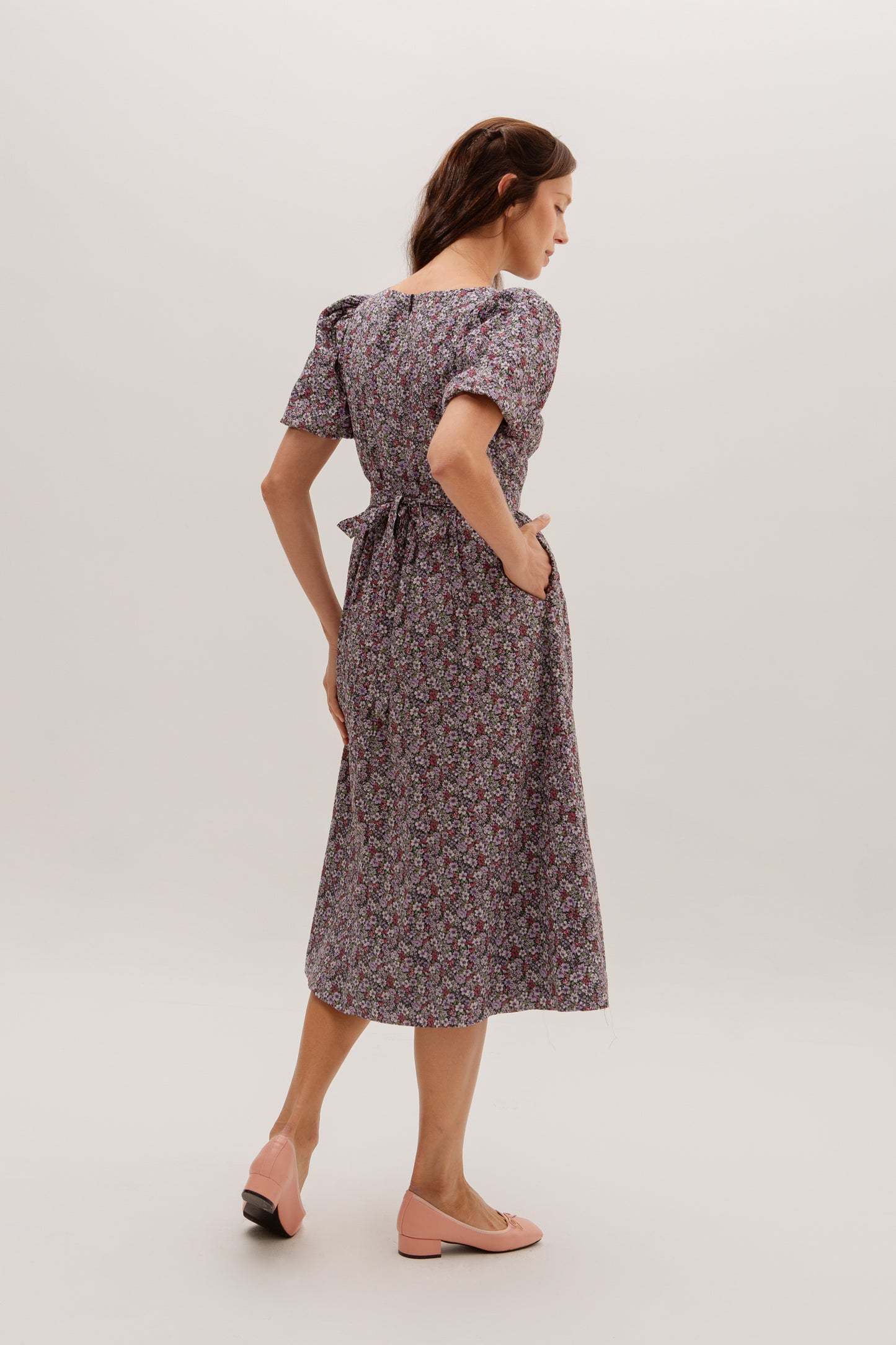Puff Sleeved Wrap Tea Dress - Twilight Garden
