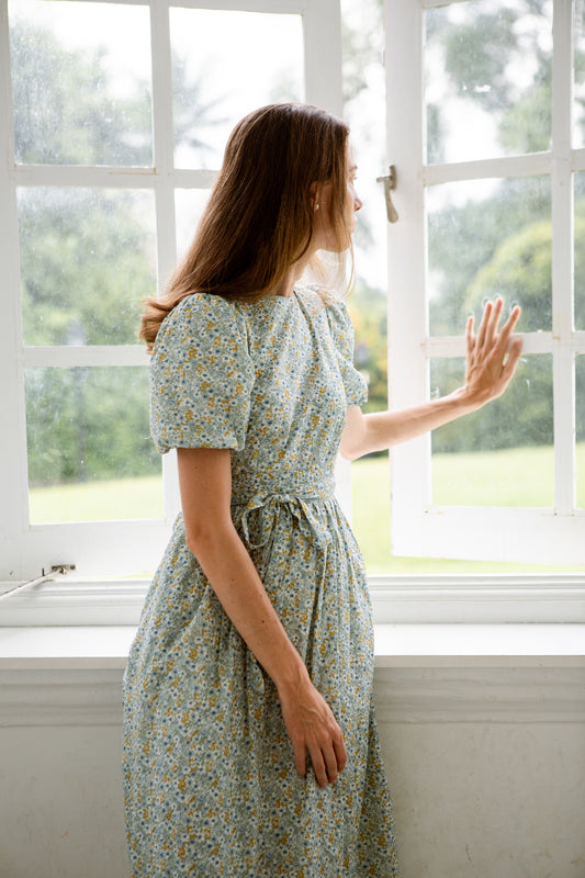 Puff Sleeved Wrap Tea Dress - Sunrise Garden