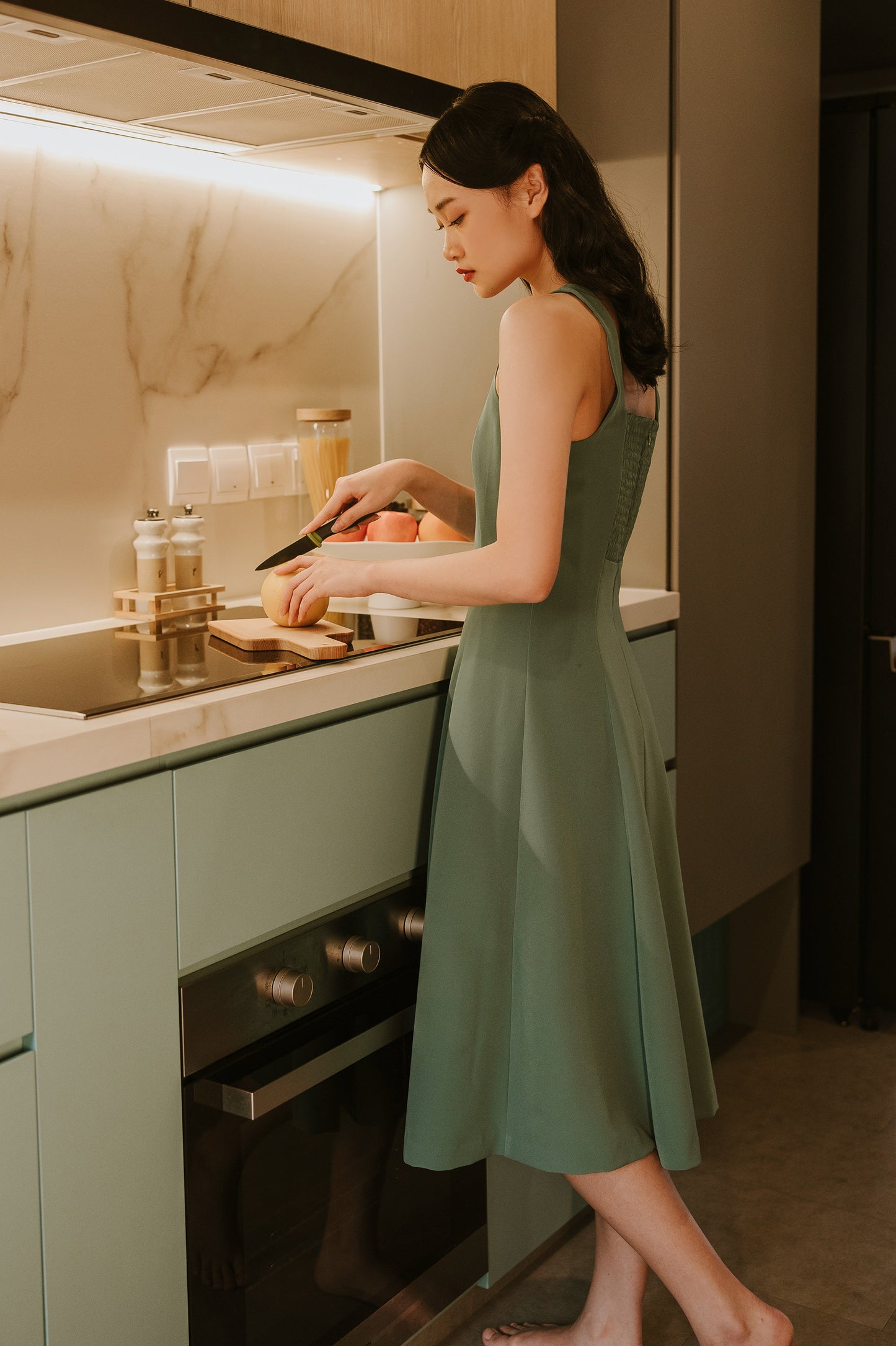 Smocked Back Panelled Dress - Pine