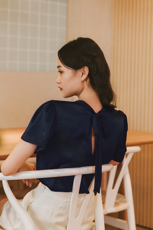 Textured Tie-back Blouse - Navy