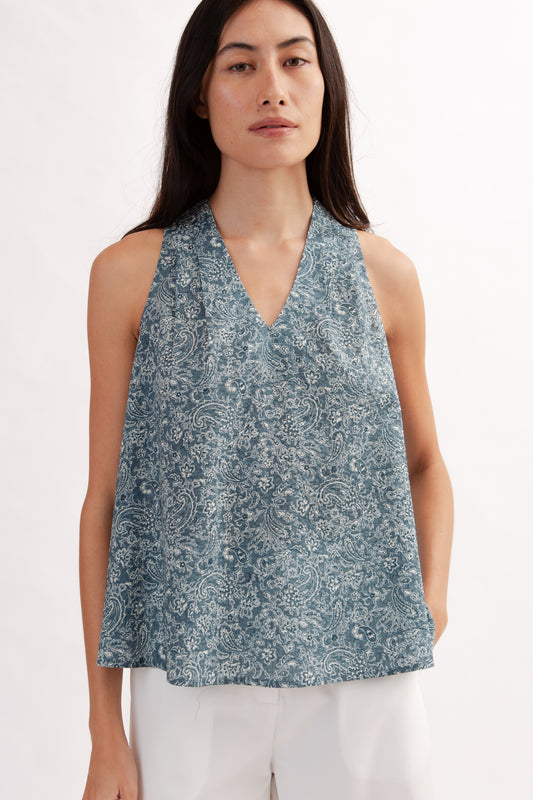 Relaxed V-Neck Blouse in Print - Ocean