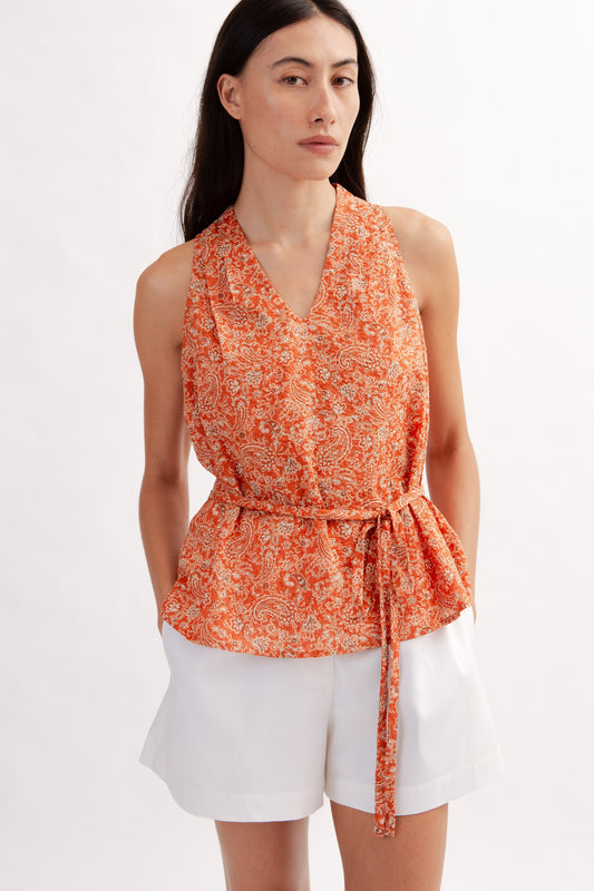 Relaxed V-Neck Blouse in Print - Burnt Orange
