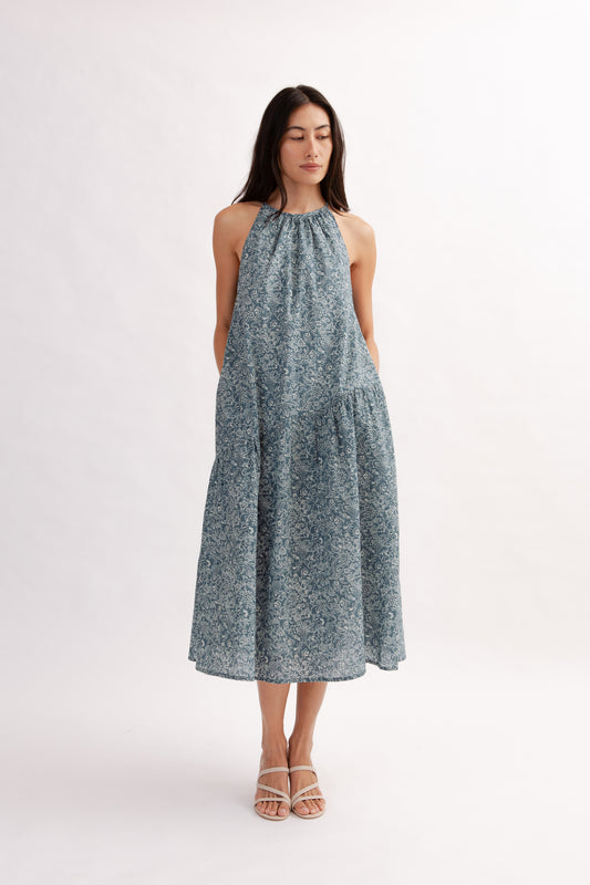 Asymmetrical Halter Dress in Print - Ocean