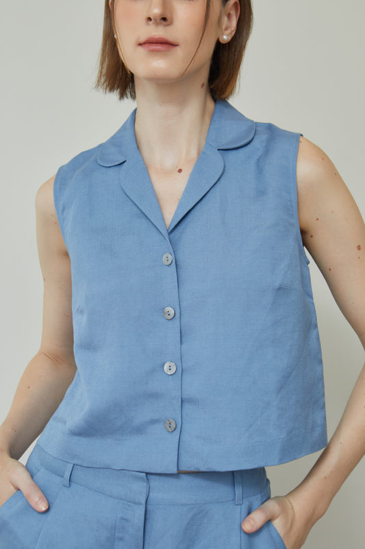 Relaxed Linen Notched Collar Top - French Blue