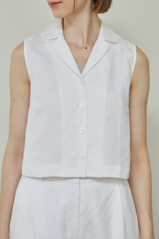 Relaxed Linen Notched Collar Top - White