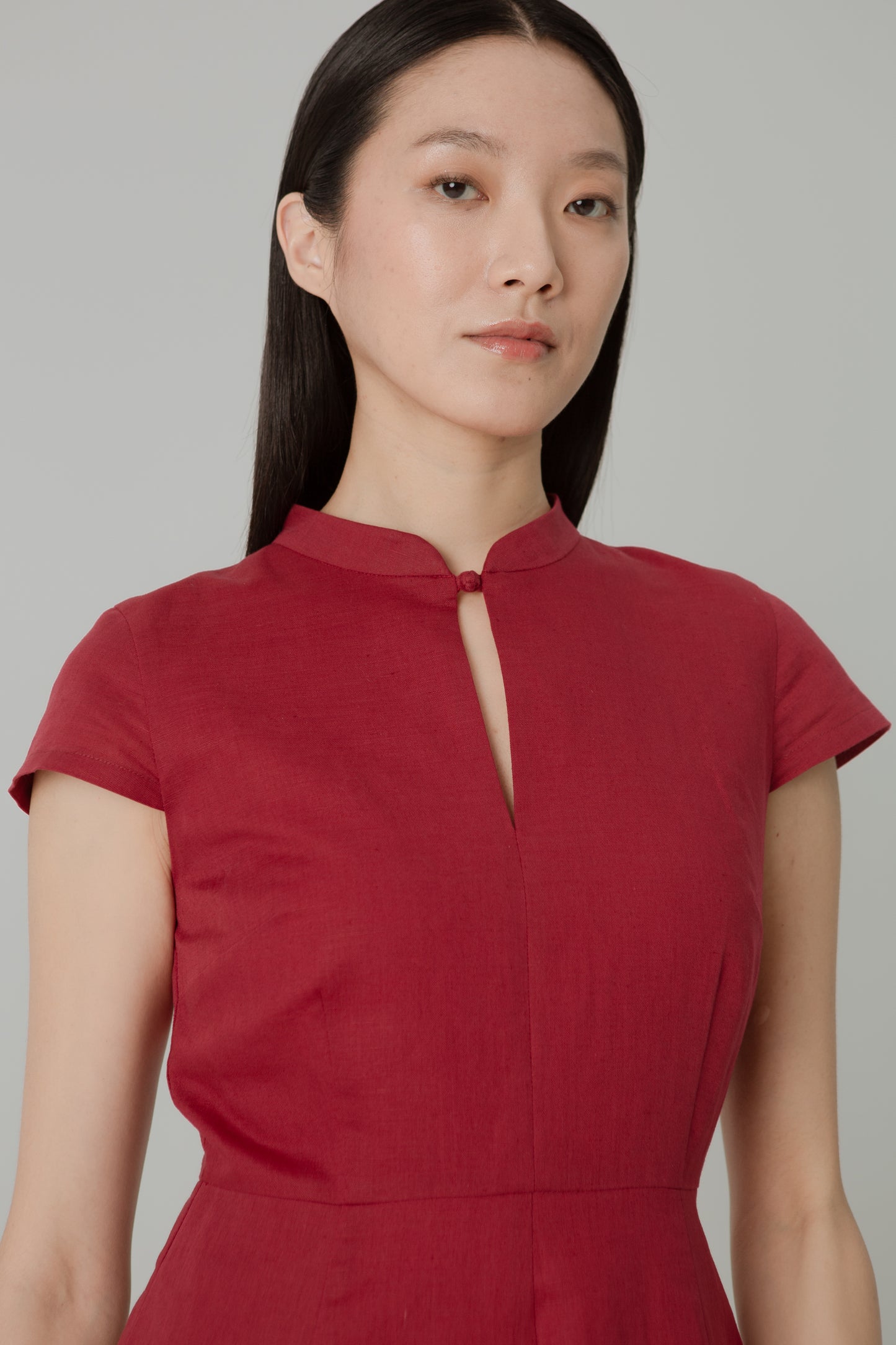 Stand Collar Tea Dress in Linen - Cherry