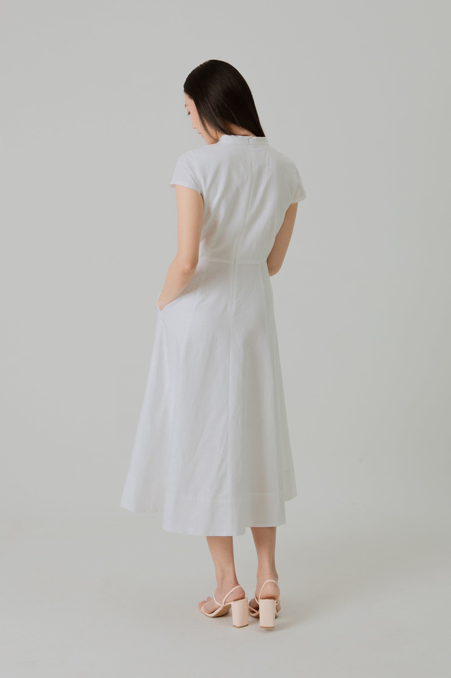 Stand Collar Tea Dress in Linen - White