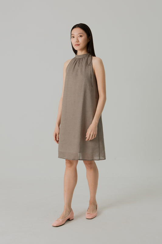 Aire Mini Dress with Stand Collar - Taupe
