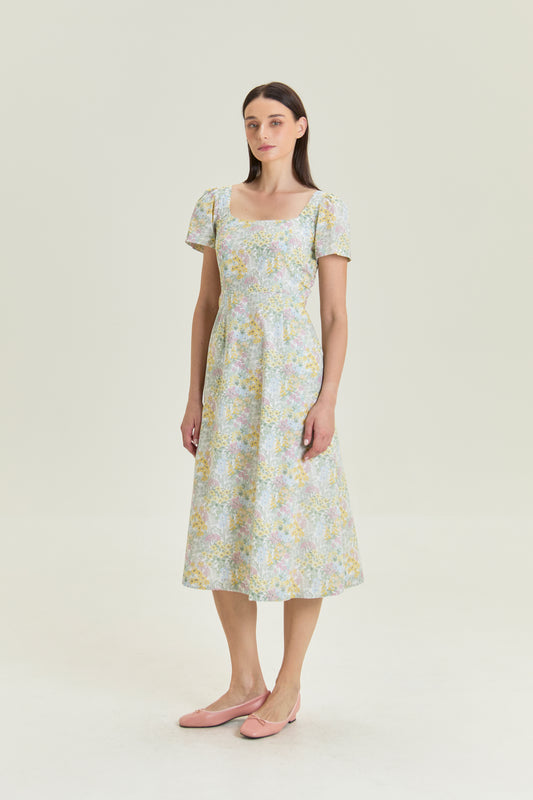 Scoop Neck A-line Tea Dress - Citrus Bloom