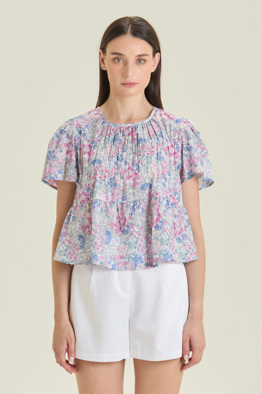 Weekend Ruched Blouse - Berry Bloom