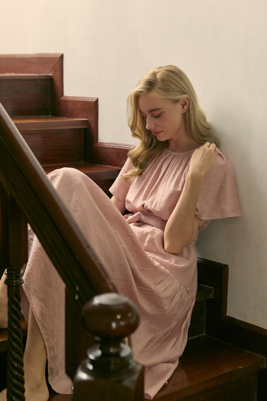 Flutter Sleeve Tiered Tea Dress - Pearl Blush