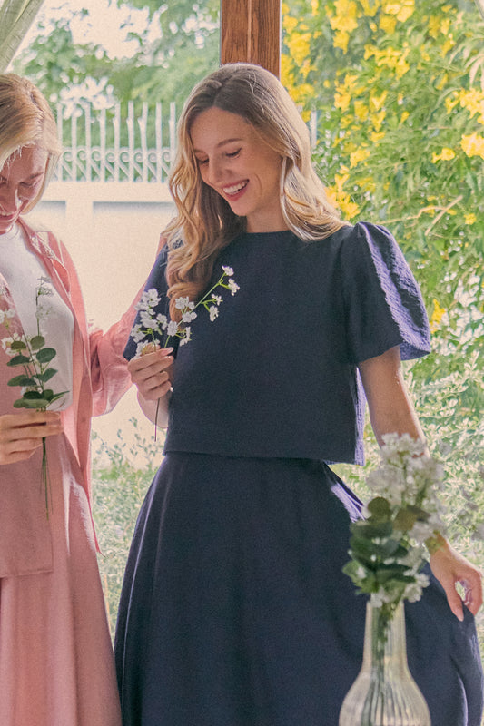 Puff Sleeve Bow Blouse - Midnight Pearl