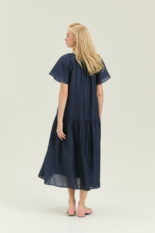 Flutter Sleeve Tiered Tea Dress - Midnight Pearl
