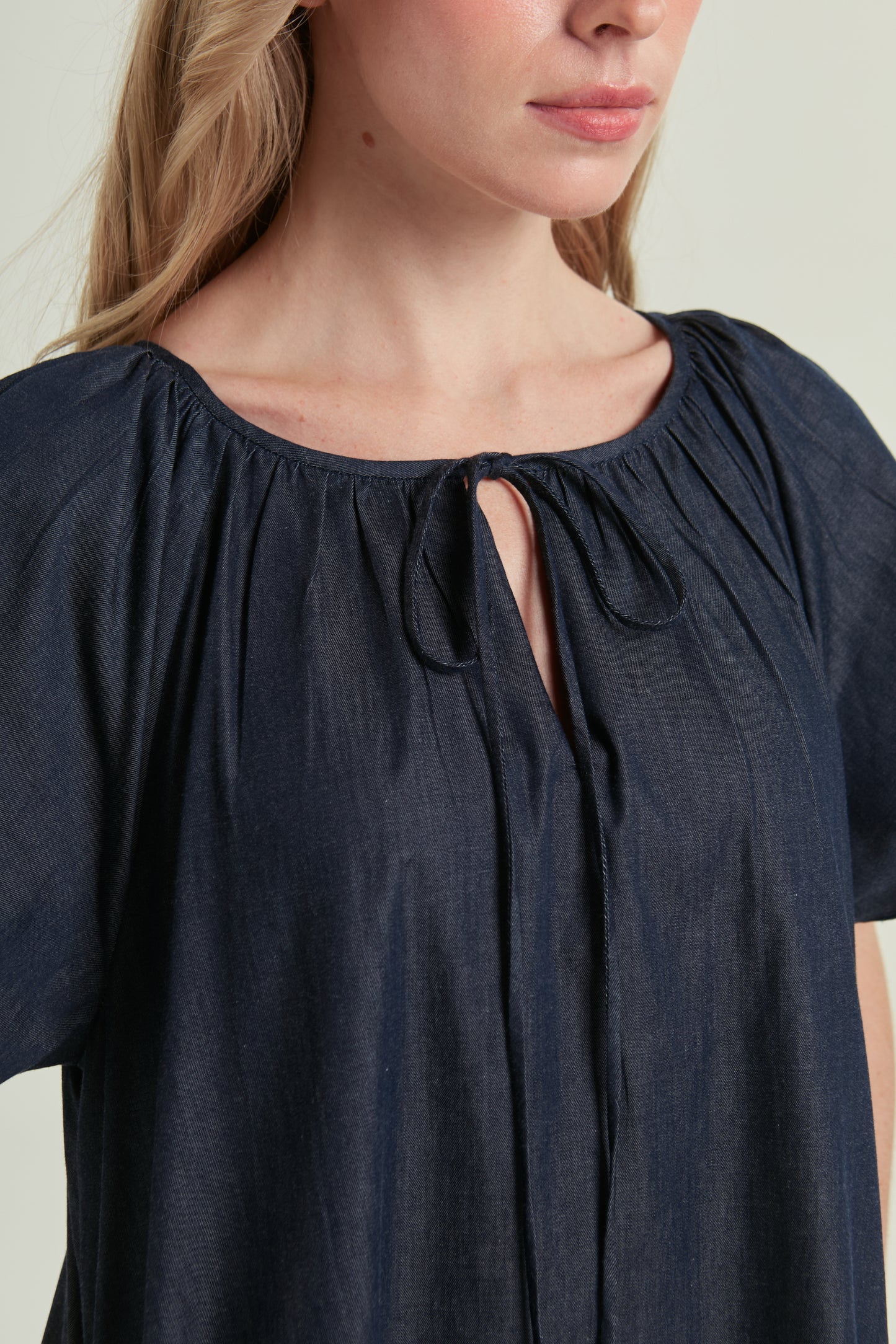 Denim Tie-Ribbon Tent Dress - Dark Wash