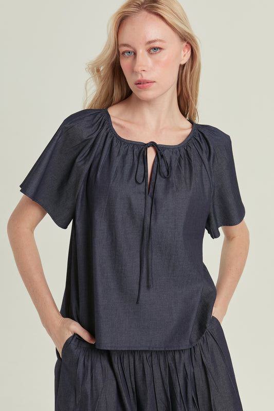 Denim Tie-Ribbon Weekend Blouse - Dark Wash
