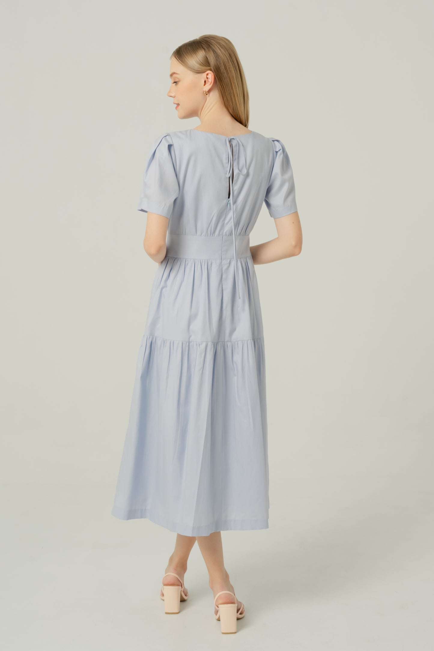 Tencel-Cotton Tie-Back Tiered Dress - Powder Blue