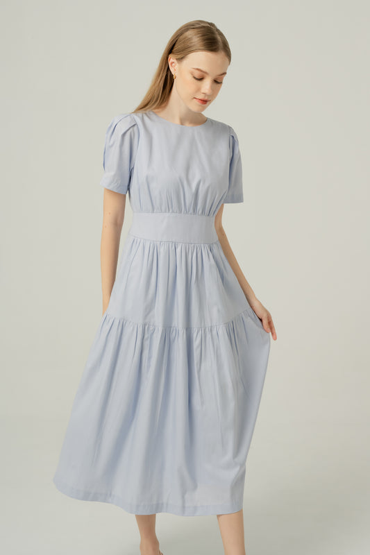 Tencel-Cotton Tie-Back Tiered Dress - Powder Blue