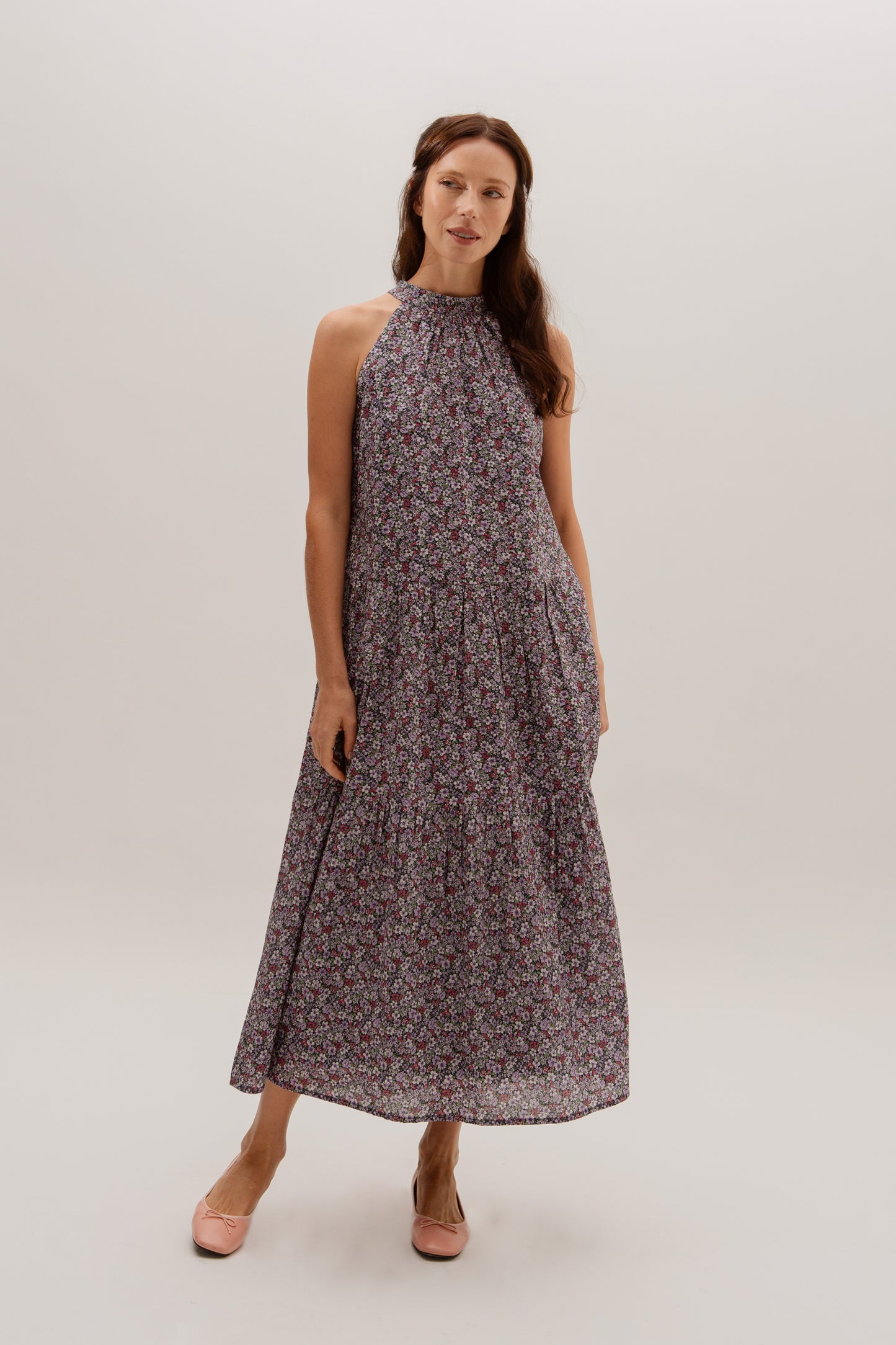 Tie-ribbon Halter Maxi Dress - Twilight Garden