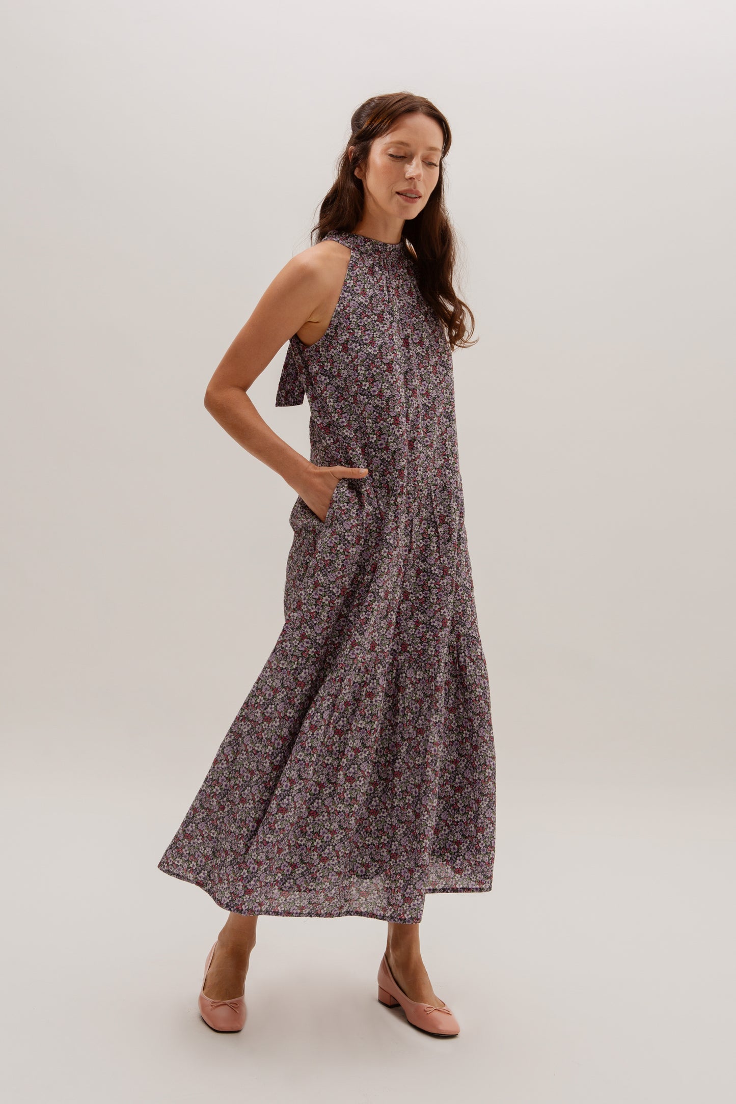 Tie-ribbon Halter Maxi Dress - Twilight Garden