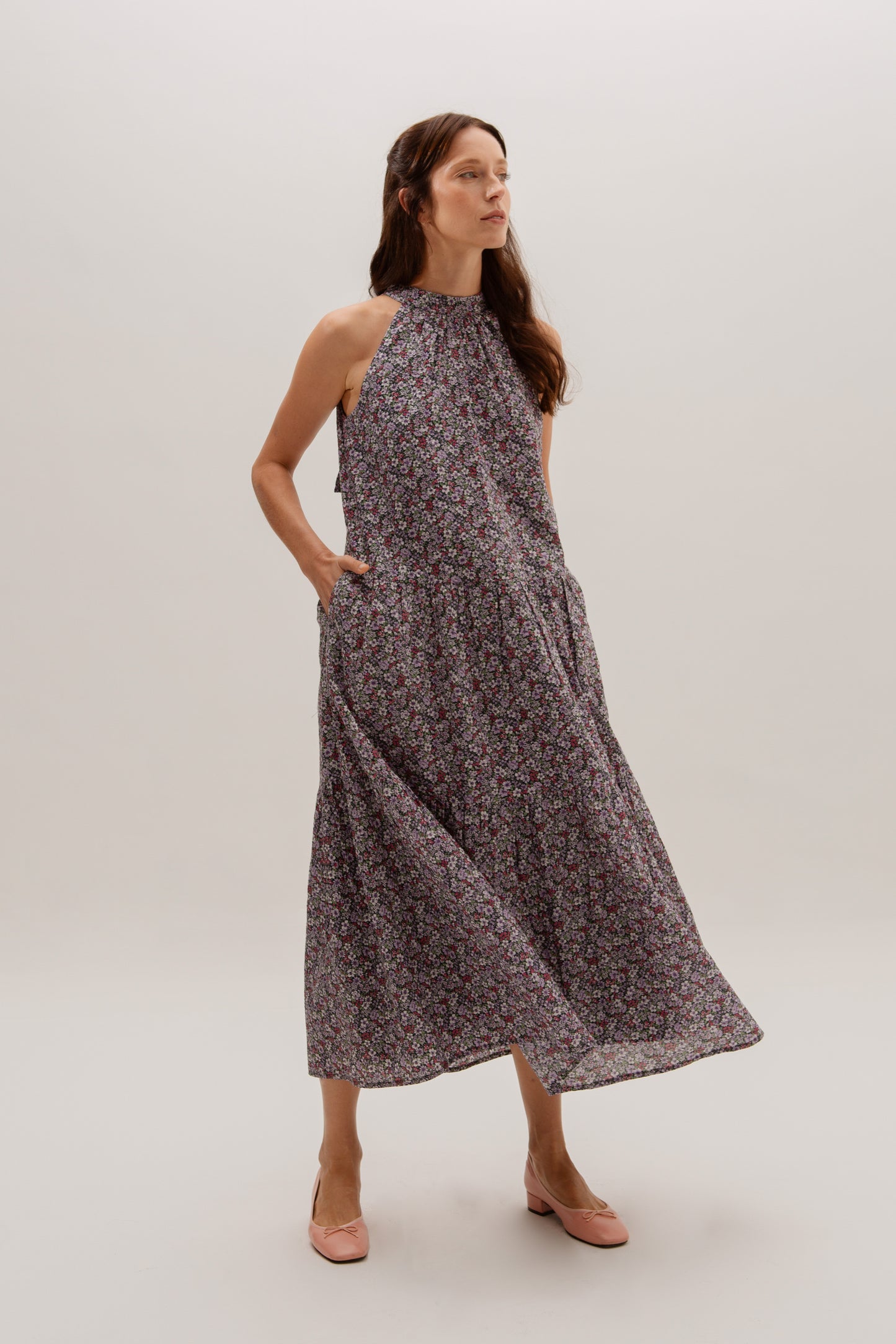 Tie-ribbon Halter Maxi Dress - Twilight Garden