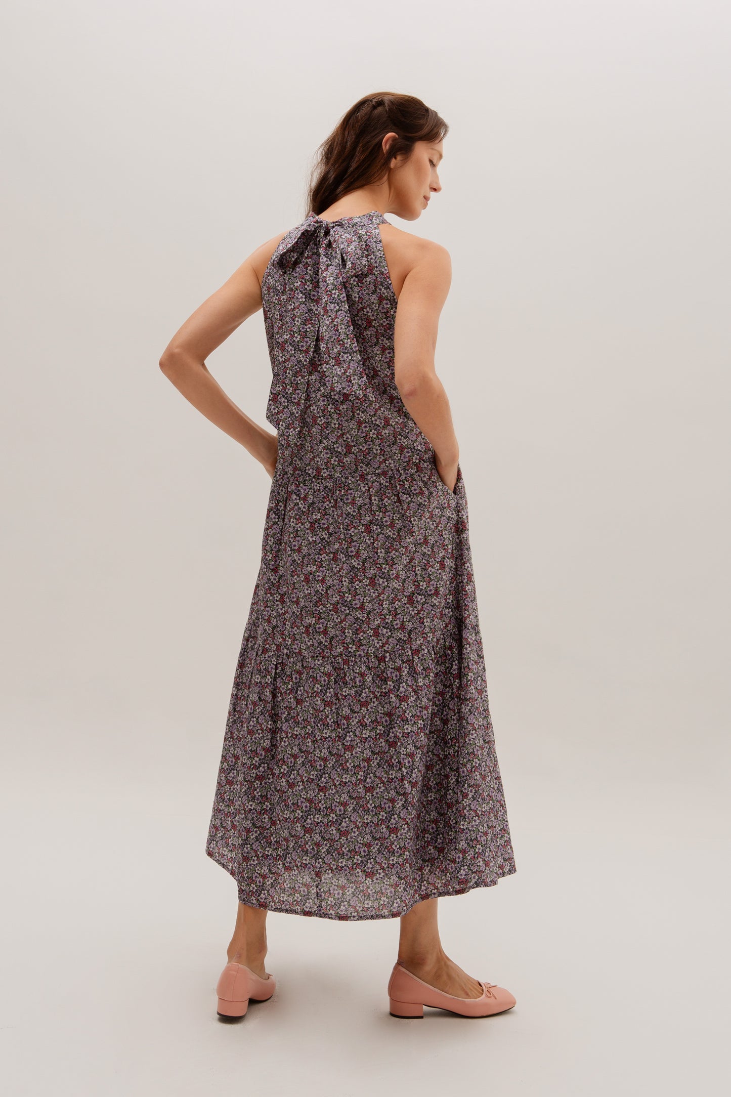 Tie-ribbon Halter Maxi Dress - Twilight Garden