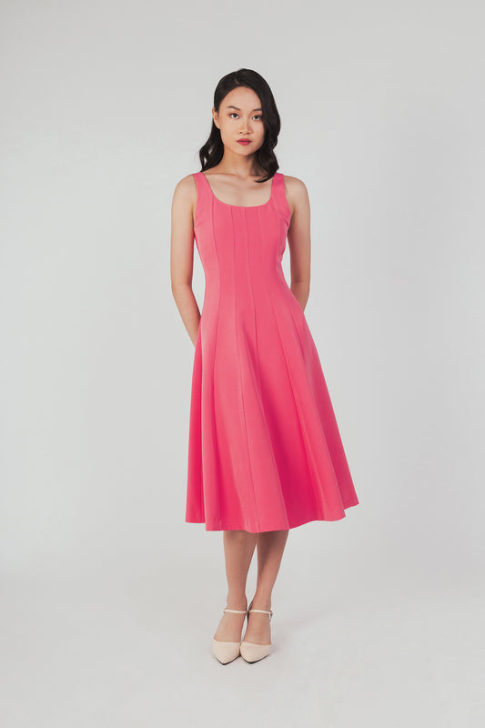 Smocked Back Panelled Dress - Carnation