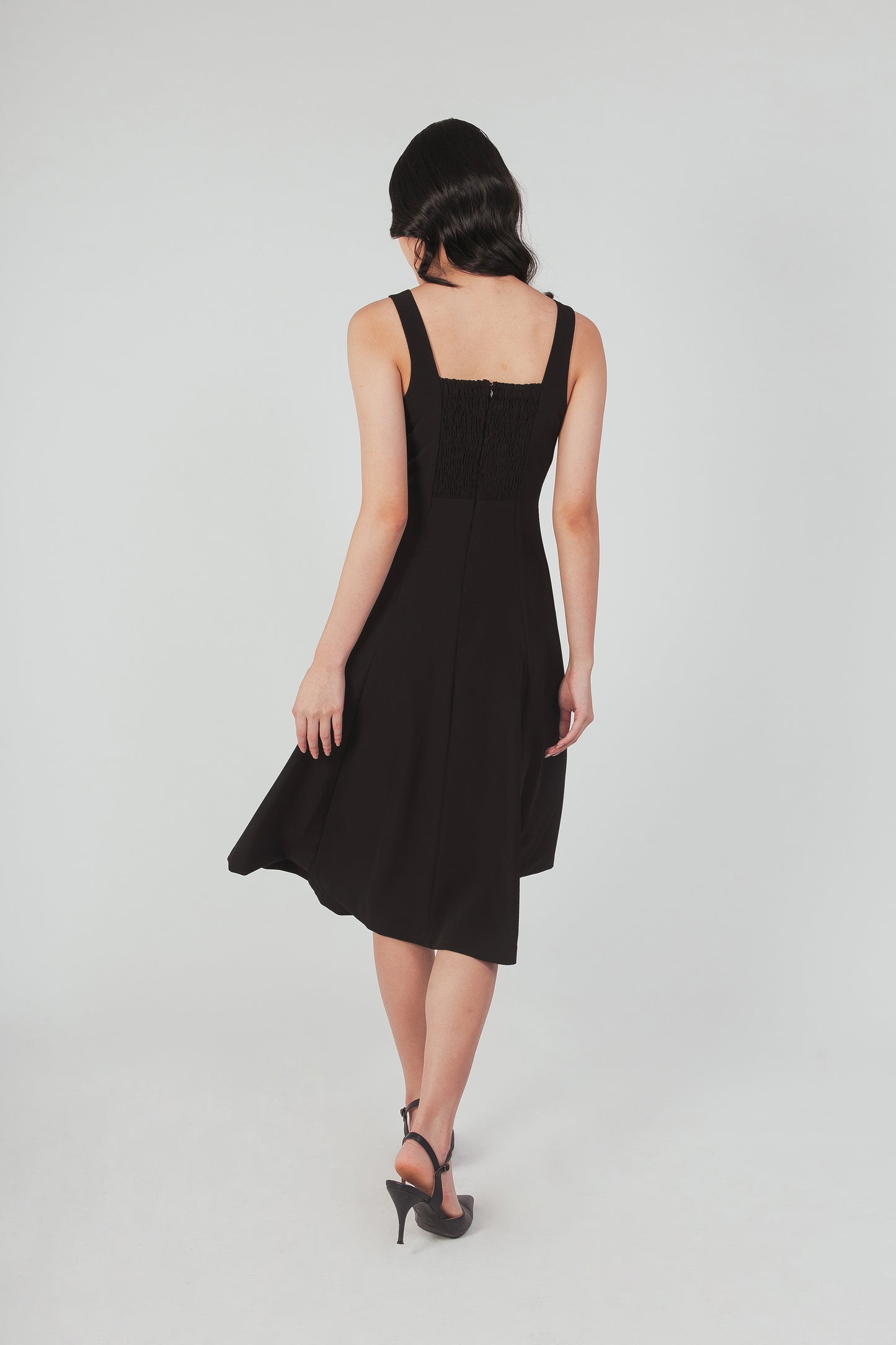 Smocked Back Panelled Dress - Black