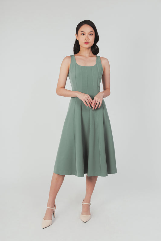 Smocked Back Panelled Dress - Pine