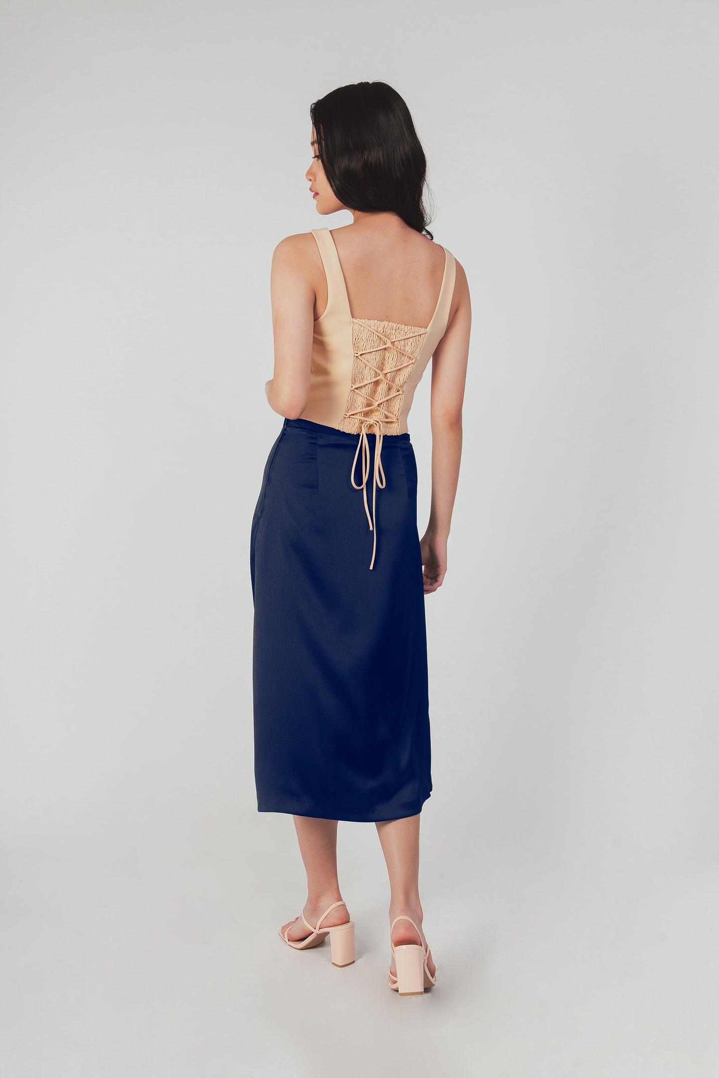 Textured Midi Slip Skirt - Navy