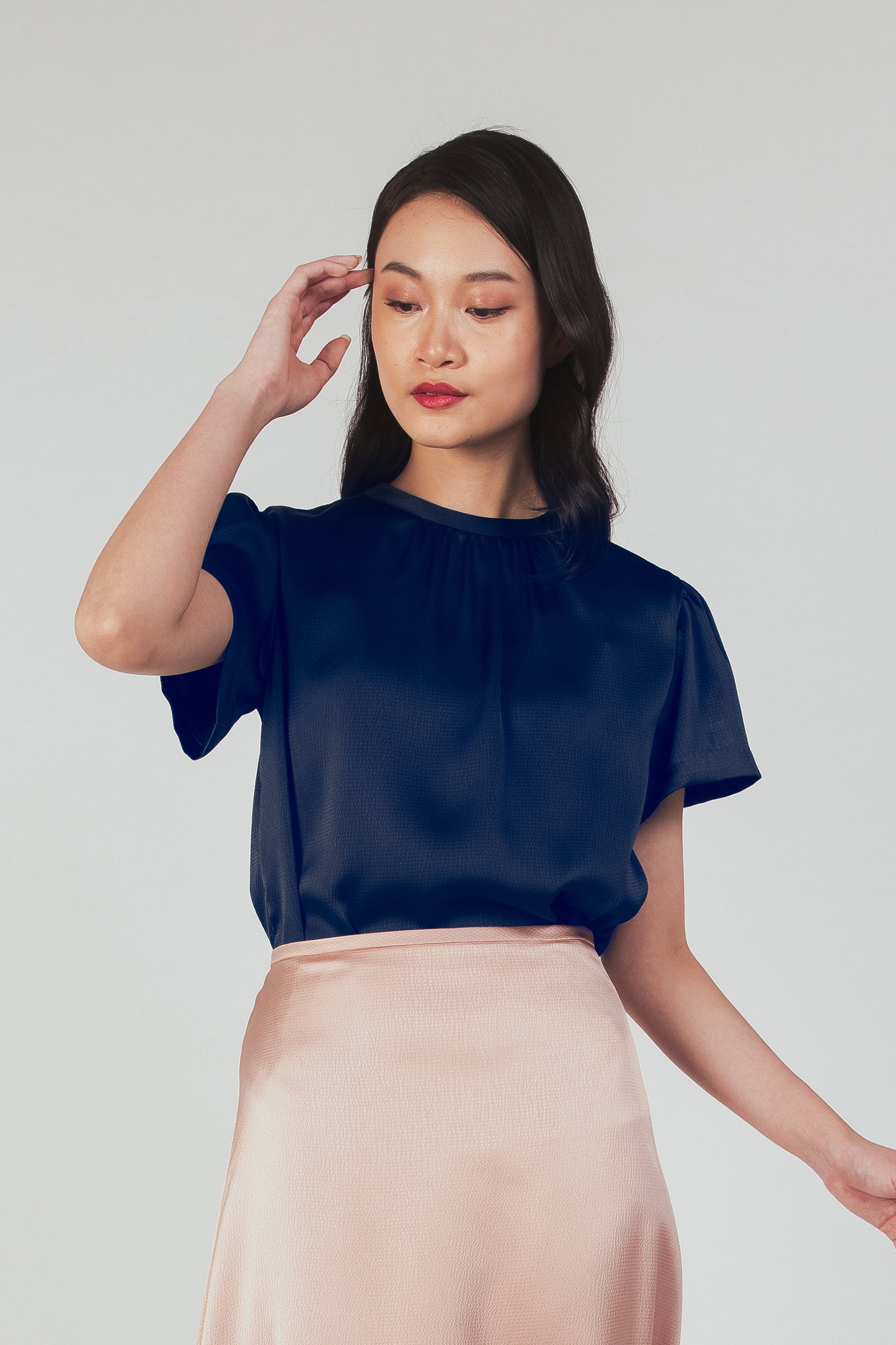 Textured Tie-back Blouse - Navy