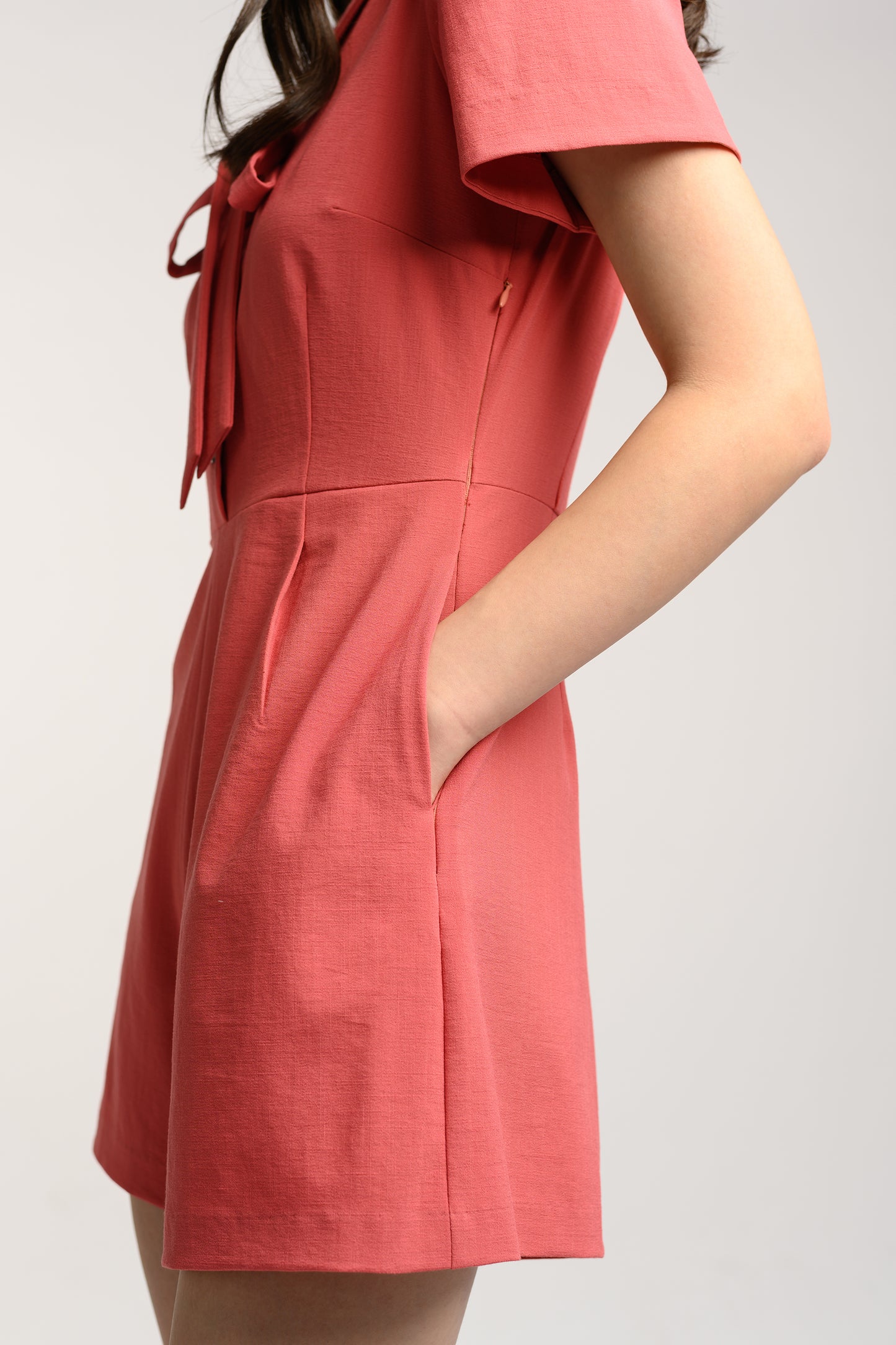 Romper With Ribbon Detail - Deep Coral