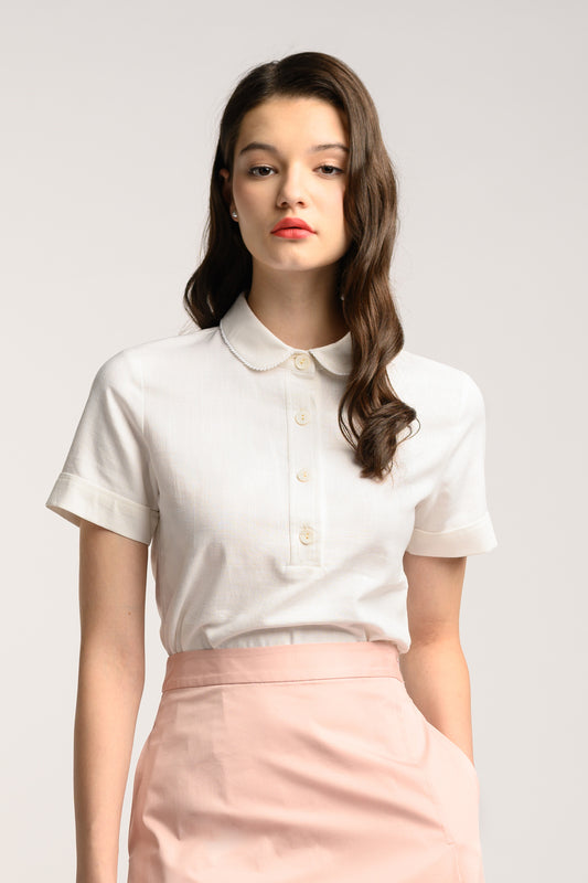 Lace Trim Linen Blouse - White