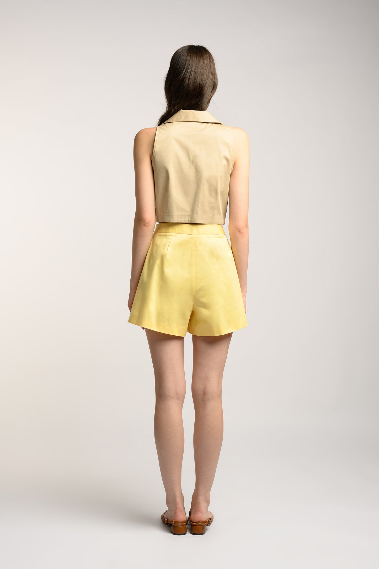 Cotton Pleated High Waist Shorts - Pale Yellow