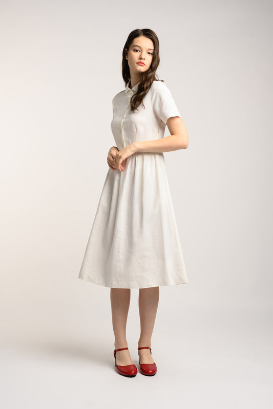 Collared Linen Dress - White