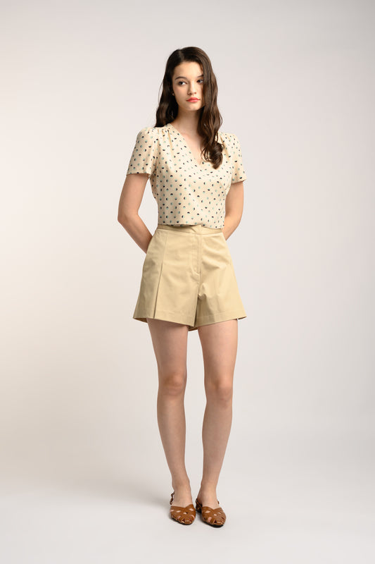 Cotton Pleated High Waist Shorts - Oat