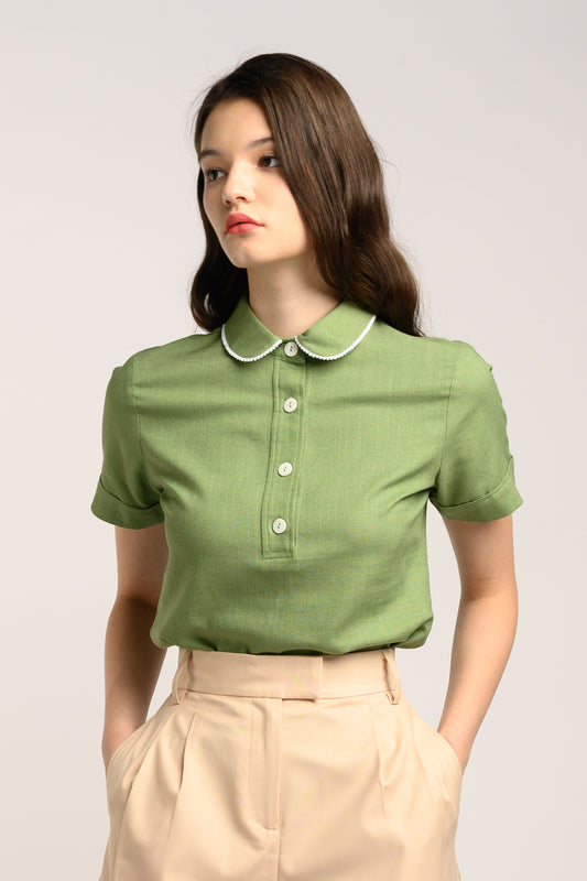 Lace Trim Linen Blouse - Fern Green