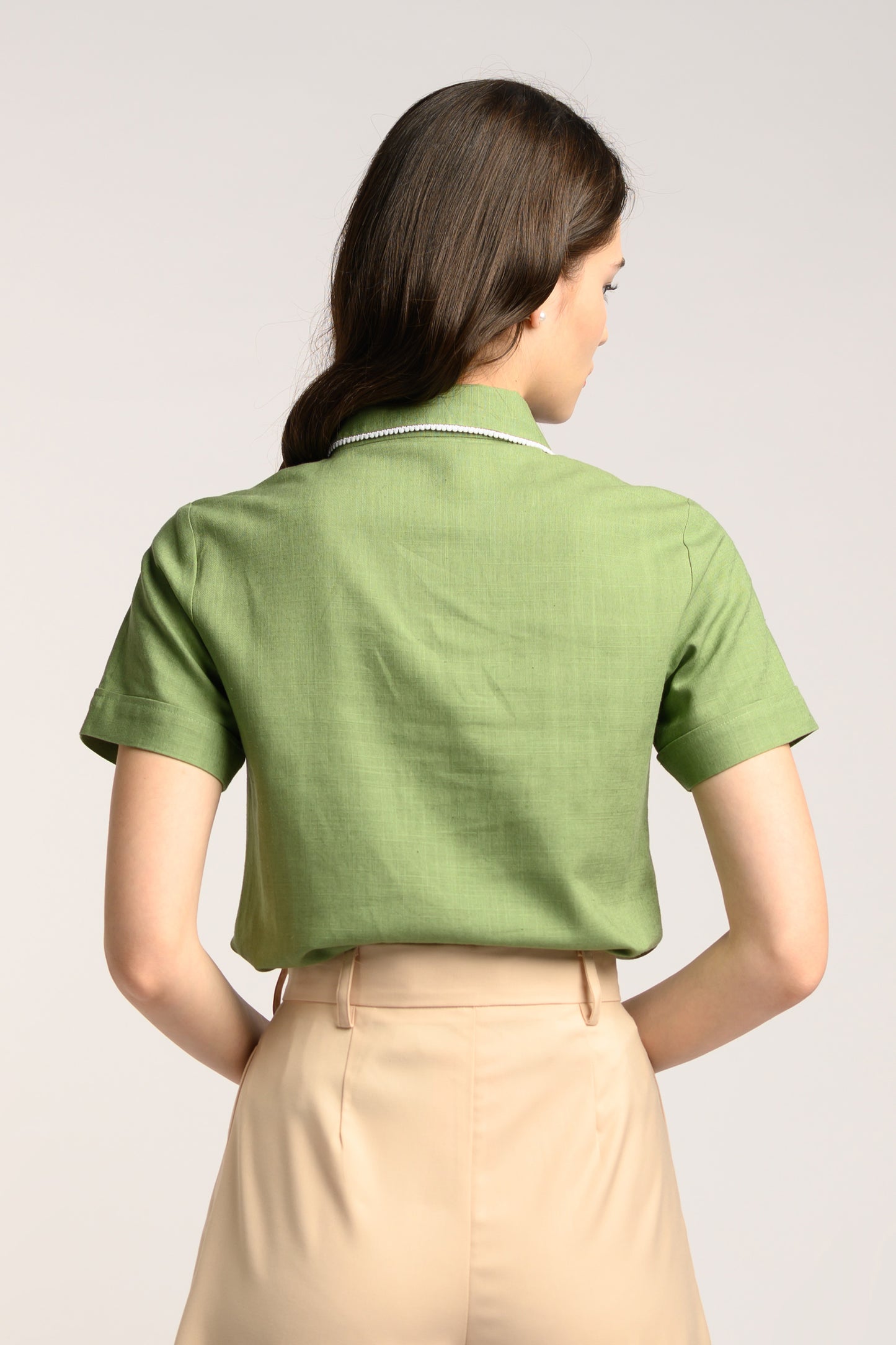 Lace Trim Linen Blouse - Fern Green