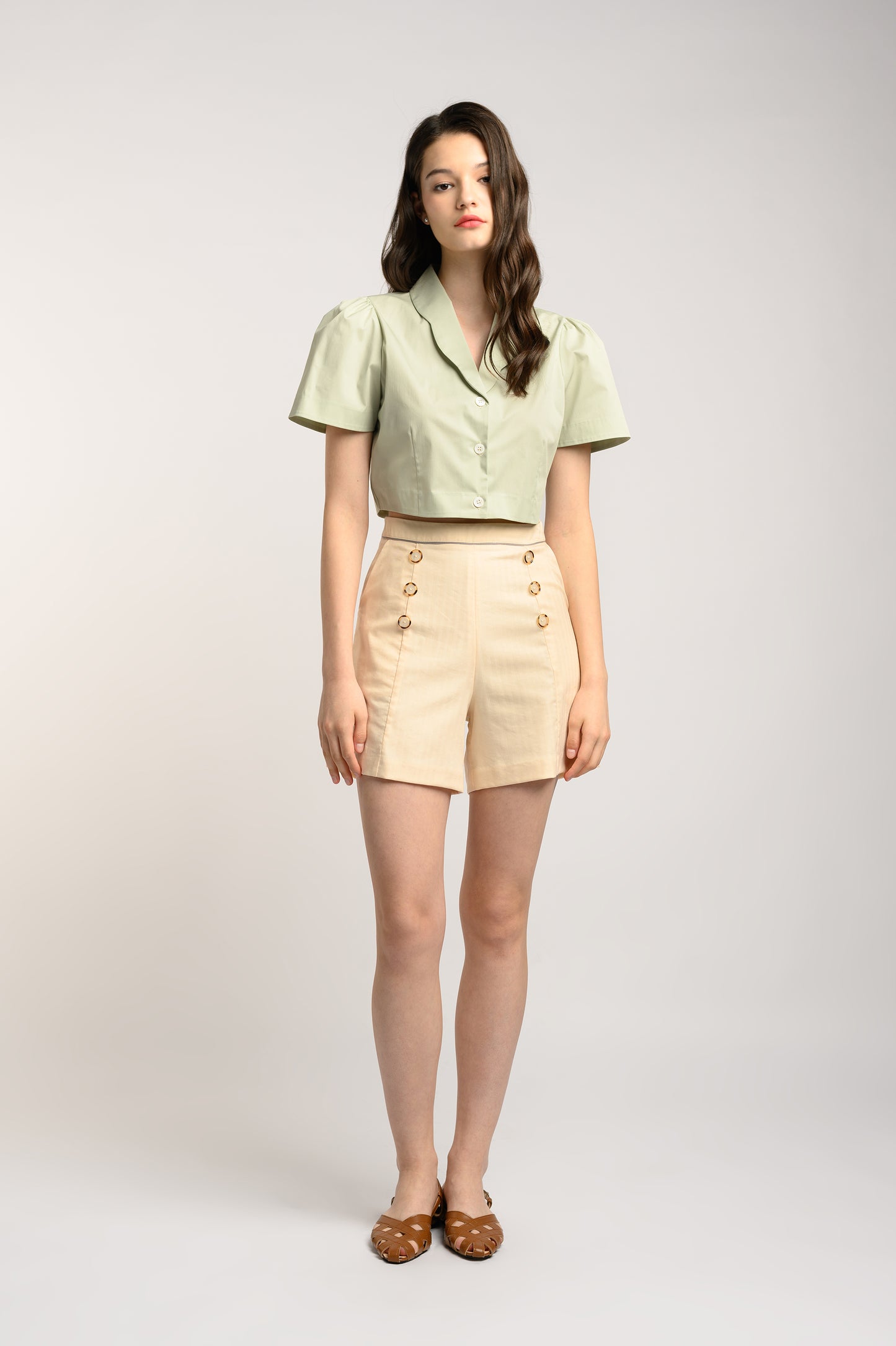 Buttoned High Waist Shorts - Beige